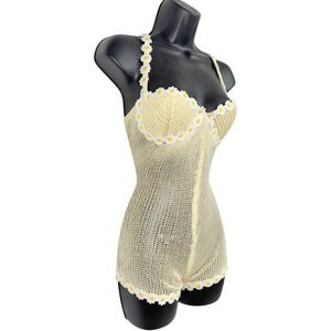 New S Daisy Romper Crochet Knit Bodysuit Yellow Vintage Festival Outfit Retro